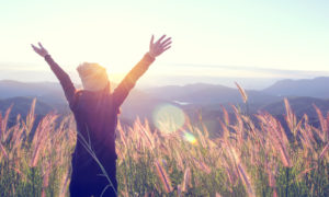  Mulher Feliz Desfrutando da Natureza em prados de grama no topo de penhascos de montanha com o nascer do sol. Bela Rapariga ao ar livre. Conceito de liberdade. Efeito Len Flare. Raios de sol. Apreciar.